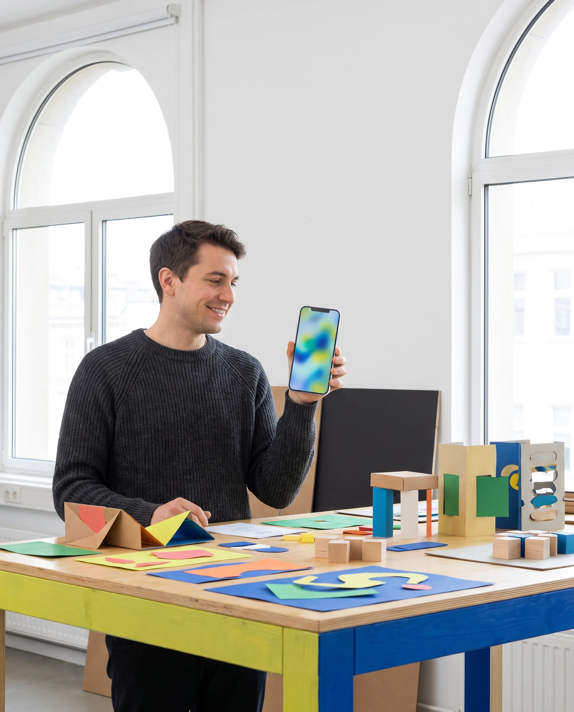 A maker standing at a table holding a colorful prototype