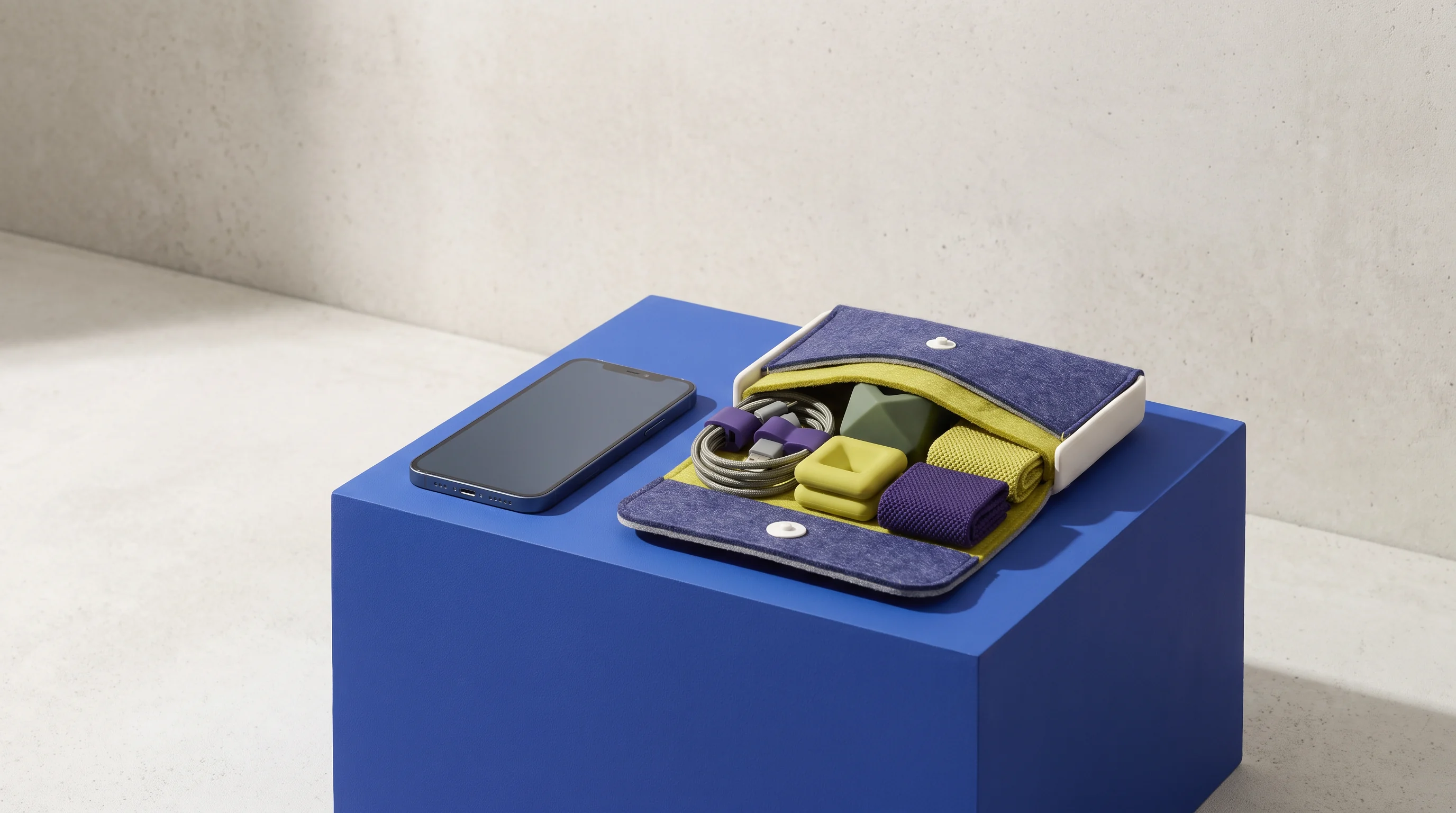 Phone and small design components on a blue plinth