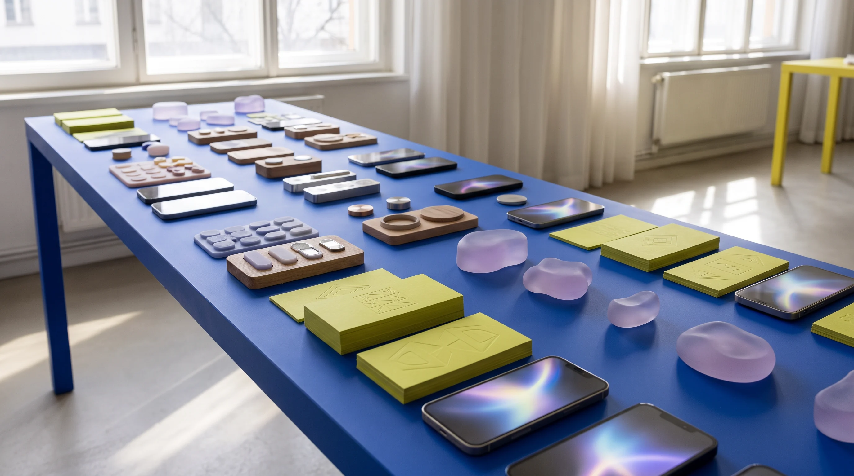 A long blue workbench set with colorful low-fidelity mobile app prototype pieces