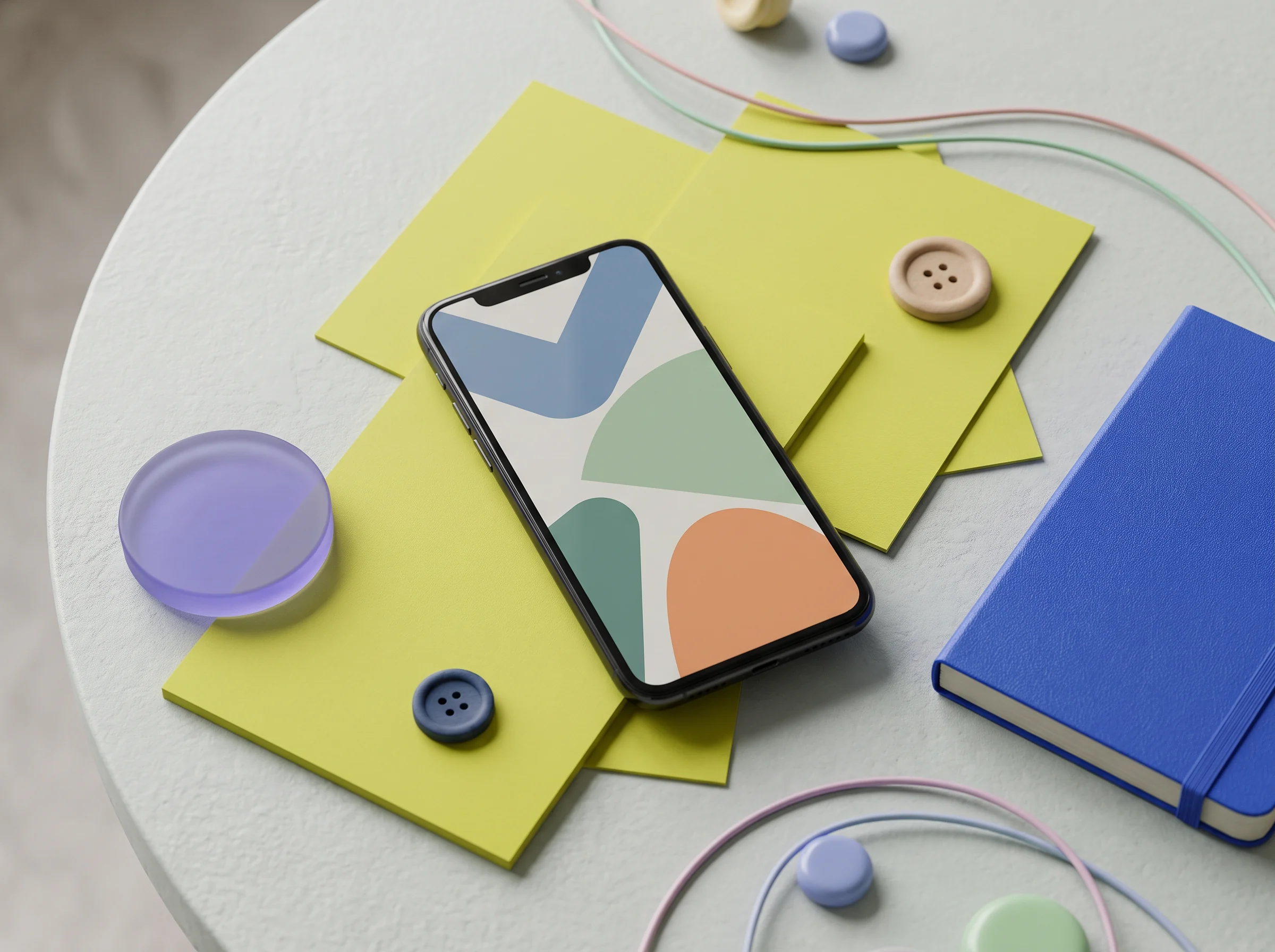 Colorful paper shapes, a phone and prototype components on a work surface