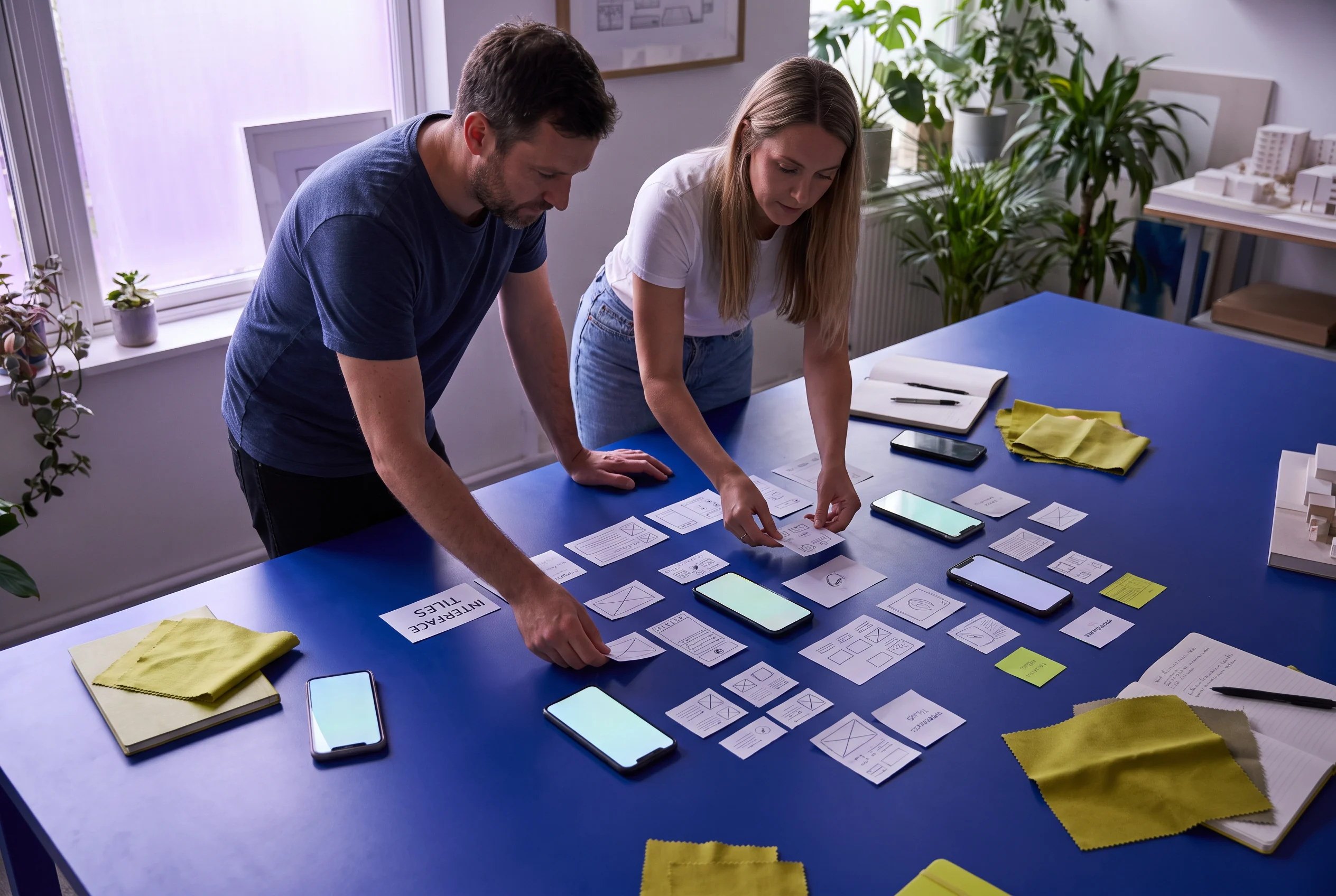 Two people arranging phone screens and colored cards on a blue table