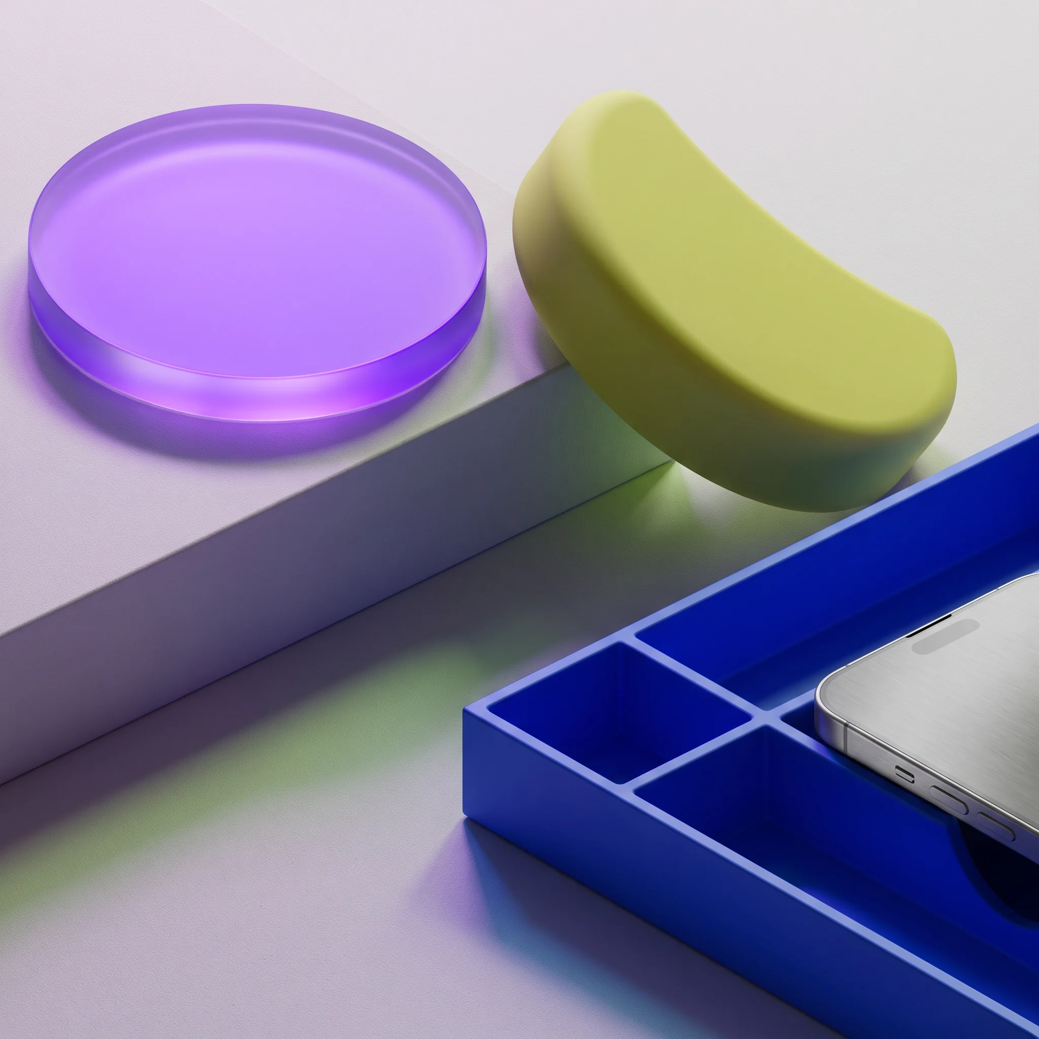 Rounded purple and chartreuse prototype controls on a blue tray