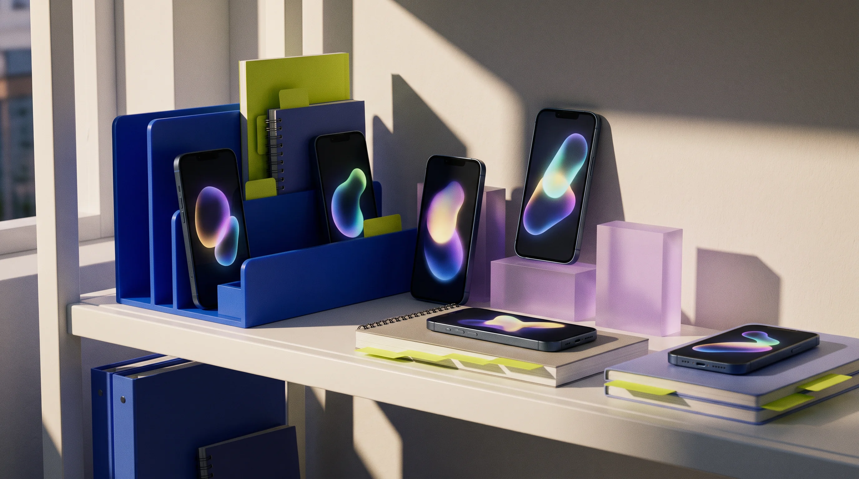 Mobile prototype devices arranged on a colorful shelf