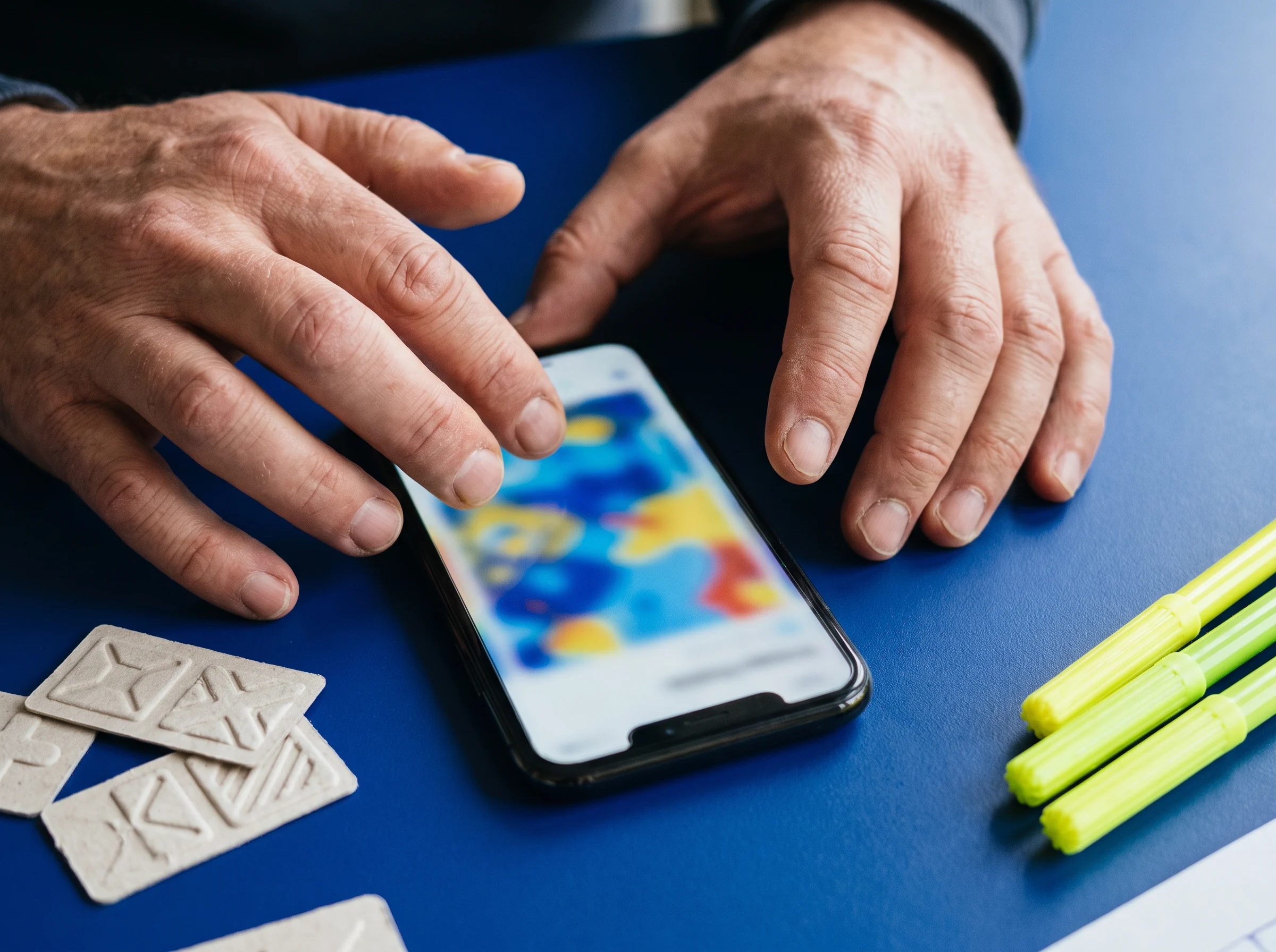 Hands using a phone with colorful paper controls