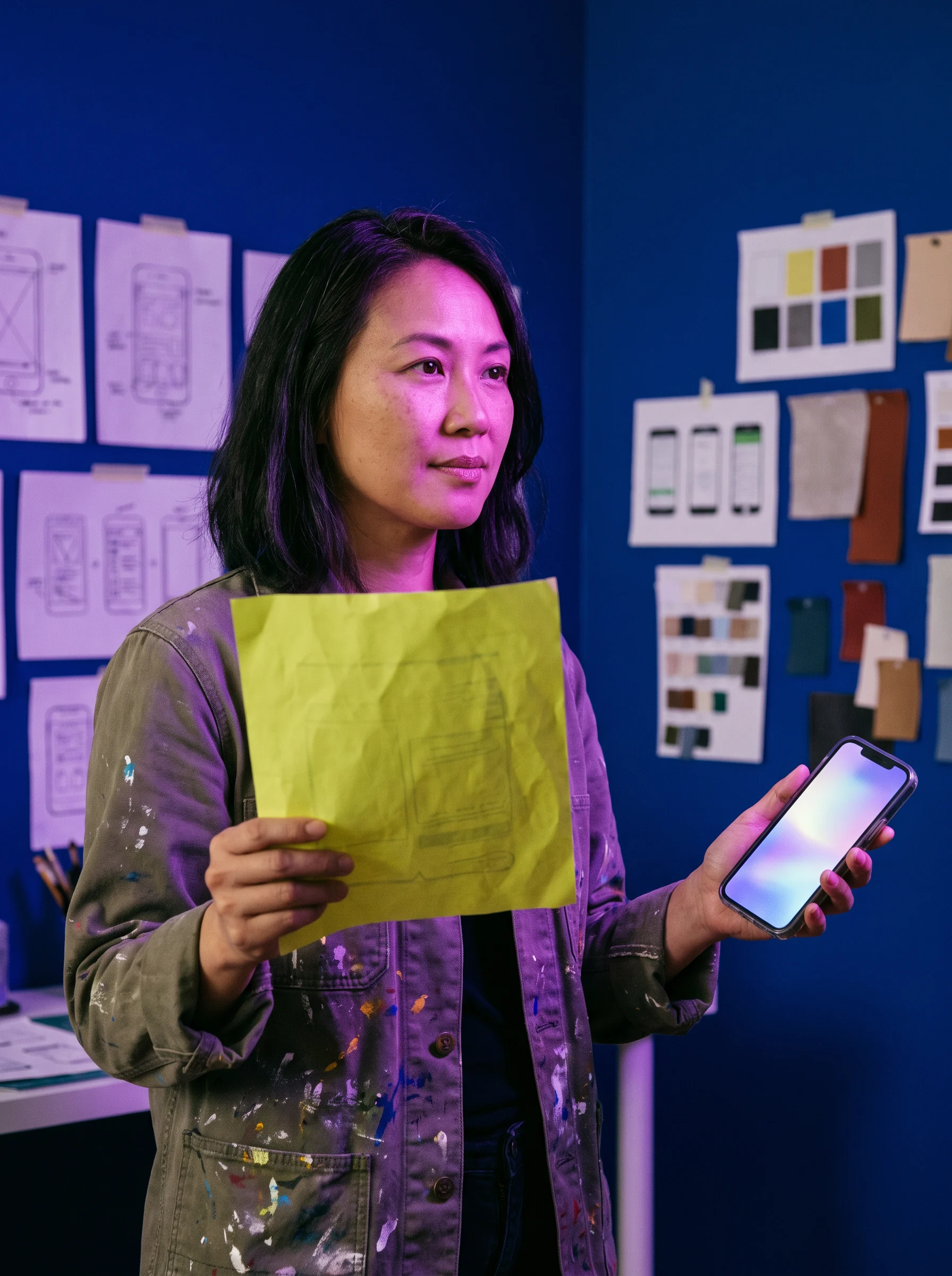 A person holding a chartreuse paper prototype beside a mobile device