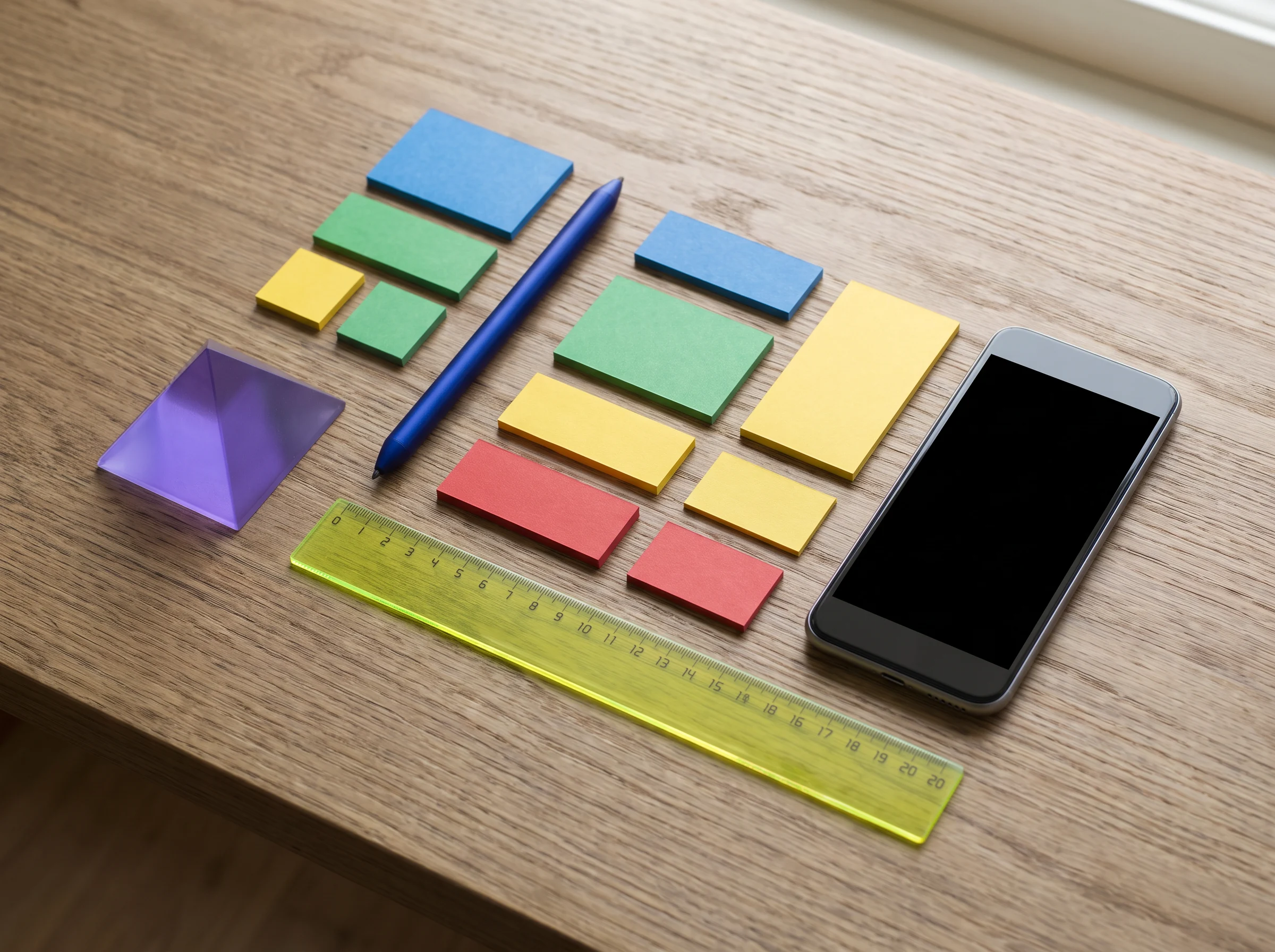 A phone, colored notes and a ruler arranged on a desk